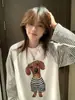 Camiseta de Manga Larga Raglán a Rayas con Bloques de Color y Estampado de Cachorro de Dibujos Animados Ins de Estilo Japonés para Mujer, Delgado, Base, Principios de Otoño