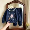 Dulce conjunto infantil, estilo coreano, moda primavera y otoño, top de manga larga, sudadera holgada, pantalones jogger, elegante conjunto de dos piezas