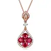 Colar de prata Pipa com safira vermelha, pingente em formato de gota com quatro diamantes, banhado a ouro 18K e corrente para clavícula, atacado