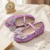Zapatos de Princesa Morados con Pedrería para Niñas, para Eventos Formales y Salidas, Bailarinas Brillantes de Perlas con Tira Única y Moño