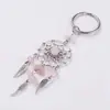 Atrapasueños de grava de cristal natural llavero de acero inoxidable anillo de llavero cuentas redondas colgante de borla DIY colgante de aleación de metal