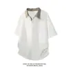 Camisa Casual Patchwork de Manga Curta Olo, Camiseta Solta, Xadrez Tendência Masculina Retrô Cool Manga Meia-Manga Resistente Verão Estilo Americano