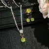 Brilhante Octogonal Maçã Verde Rosa Corte Milenar Acessórios de Luxo Leve Anel Aberto Brincos de Mulher Conjunto de Pingente