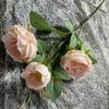 Ramo de rosas Austin de 3 cabezas de tela cepillada, decoración del hogar, flores falsas, exhibición de mesa, flores artificiales al por mayor