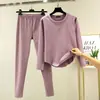 Conjunto Térmico para Mujer de Color Sólido, Cuello Redondo, Otoño e Invierno, Holgado, Dos Piezas, Camiseta Ropa Térmica