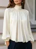 Camisa Feminina Cruzada Gola Alta Plissada Estilo Francês Solta Manga Longa Sino Toque de Luxo Comércio Exterior Para o Trabalho Top com Temperamento