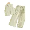 Comercio Exterior Ropa Nueva para Niña de Primavera y Otoño Traje Nuevo Chaleco sin Mangas + Pantalones Largos de Pierna Ancha de Color Sólido + Cintura Halter con Flor de Rosa