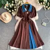 Vestido de retazos de mezclilla para mujer, nuevo estilo de verano, de manga corta, entallado en la cintura, adelgazante, estilo francés, elegante vestido largo, talla grande, adelgazante