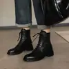Botas Martin genuínas em couro estilo britânico para outono e inverno, cadarço frontal, bico redondo, preto, zíper traseiro, botas curtas, comércio exterior transfronteiriço, botas femininas de salto grosso