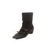 Estilo Girly Francês Laço Camurça de Couro Bovino Costura Mary Jane 2025 Inverno Salto Médio Grosso Bico Quadrado Pequeno Couro Genuíno Botas Curtas