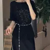 Camiseta vintage de encaje calado color albaricoque estilo francés de manga corta para mujer, nuevo diseño de verano con un toque único y moderno