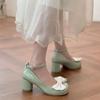 Saltos Altos com Laço para Mulheres 2025 Primavera e Verão Novos Sapatos Mary Jane Sapatos Pequenos de Couro Saltos Grossos Sapatos Femininos Doces e Modernos