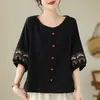 Roupas plus size femininas para mães cheinhas: tops de algodão e linho estilo étnico, camisas soltas de gola redonda retrô para mulheres, camisas de primavera e verão para mulheres de meia-idade e idosas