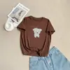 Camiseta de manga corta versátil estilo coreano con estampado de cachorro de dibujos animados para mujer, cuello redondo, corte regular, efecto adelgazante, 95% algodón, hace que la piel luzca más clara, top básico