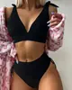 2026 Novo Maiô Duas Peças Liso de Cor Sólida com Decote V Transfronteiriço Amazon Cintura Alta Sexy Moda Biquíni para Fonte Termal para Mulheres