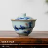 (Oferta especial) Tetera de Estilo Antiguo Tianqing Ru Kiln con Esmalte Craquelado y Tapa de Tres Piezas, Taza Maestra de Cerámica Azul y Blanca Taza de Degustación