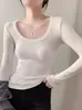 Camiseta de algodão de alta elasticidade com gola U para usar por baixo, feminina, manga longa, novidade primavera e outono 2025, gola redonda, sexy, modelagem justa, top versátil