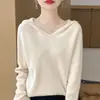 Sudadera con capucha de punto de otoño e invierno 100% lana de alta gama lista para usar, suéter con capucha suelto y suave, sudadera básica para mujer