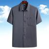 Camisa Casual de Verão Fina de Seda Gelada Algodão Linho Manga Curta Estilo Chinês Camisa de Pai com Gola Lapela e Bolso