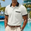 Camisa para hombre transfronteriza, casual y cómoda, impresa en 3D, polo de cuello camisero, manga corta, color liso, top con bolsillo de retazos de color contrastante