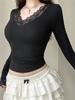 Primavera e Outono Estilo Francês Estilo Sexy Puro Costura de Renda Camiseta de Manga Comprida Decote em V Cor Sólida Slim-fit Emagrecimento Base Top All-match