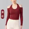 Top corto de manga larga para mujer, estilo europeo y americano, para yoga, otoño, puro deseo, sexy, con cuello halter, cuello en V, hombros descubiertos, para Pilates y fitness