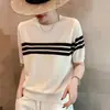 Nueva camiseta de punto de manga corta de algodón puro de verano, estilo coreano adelgazante, top casual simple a rayas fino para mujer