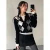 Em estoque Cardigan casaco suéter argyle estilo faculdade retrô INS feminino estilo coreano preguiçoso versátil malha top curto