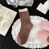 Calcetines de Primavera y Verano para Mujer en Bloques de Color Rosa y Marrón, Calcetines de Media Pantorrilla con Estampados Florales, Calcetines Holgados Estilo Coreano Combinados con Zapatos Pequeños de Cuero