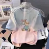 Camiseta de Manga Curta para Meninas de Verão Nova Estampa Degradê Roupas Infantis para Crianças Maiores Confortável e Estilosa Gola Redonda