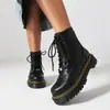 Botas de Couro Femininas Tamanho 35-48 Outono e Inverno, Bico Redondo, Couro Envernizado, Sola Grossa, Plataforma Impermeável, Salto Médio, Zíper Lateral, Botas de Equitação de Cano Baixo para Mulheres