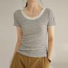 Camiseta Rayada de Alta Calidad para Mujer, 100% Algodón, Nuevo Estilo Verano 2026, Corte Ajustado, Versátil, Cuello Redondo, Manga Corta, Camiseta Básica