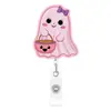 Porta-insignias retráctil de acrílico con diseño de fantasma de dibujos animados lindo y brillante, tema de Halloween, BOO, porta-identificación retráctil, colgante decorativo