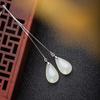 Brincos Longos Elegantes com Borla de Linha Tremella Gota de Água Jade Imitação Estilo Chinês Brincos de Jade Branco Mulheres Magras