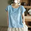 Camiseta de Algodón y Lino Vintage con Bordado Pesado de Cuello Redondo para Mujer, Nuevo Modelo Verano 2026, Suéter Delgado Elegante Versátil para Mujer