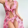 Lingerie Sexy da Amazon Comércio Exterior Europeu e Americano Estampa Digital Sexy Camisola Sexy Vestido Longo de Noite com Fenda Vestido Longo Transfronteiriço