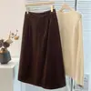 Falda Midi de Pana Retro Color Caqui para Mujer Otoño Invierno Texturizada Suelta de Temperamento Falda Línea A Cintura Elástica