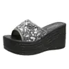 Versão Coreana Comércio Exterior Sandálias Anabela Slip-On Lantejoulas Sola Grossa para Mulheres, Sola Plataforma, Tamanho Grande Peep-Toe Sandálias de Praia, Loja Independente
