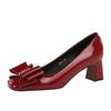6291-H87 Sapatos Femininos Elegantes Franceses de Couro Patente com Laço Salto Médio Bico Quadrado Salto Grosso Baixo Confortáveis Versáteis