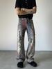 Pantalones vaqueros con estampado digital 3D de estilo americano para hombre, estilo urbano, primavera y otoño, con efecto grafiti de tinta salpicada, corte ajustado, rectos e informales.