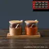 Conjunto de potes de vidro retos para temperos de cozinha caixa de temperos de vidro para casa garrafa de tempero pote de sal tampa de bambu colher de madeira de três peças
