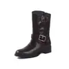 Cuero de alta calidad, elegantes y versátiles, con hebilla de cinturón, otoño/invierno 2026, tacón medio grueso, punta redonda, botas de media pantorrilla de cuero genuino para mujer