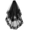 Velo de novia para adultos y niños, de doble capa, corto, con lazo grande, cinta de encaje, accesorios negros para Halloween