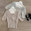 Camiseta de Color Sólido con Ajour, Mismo Estilo, Cuello en V, Manga Corta, Nuevo Verano 2026, Versátil, Ajustado, Top Corto de Punto para Mujer, Transfronterizo