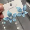 Pendientes de Botón Populares en TikTok de Moda Francesa Elegantes Pintados a Mano con Flores Azules para Mujer Pendientes de Alto Nivel Lujo Ligero