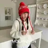 Gorro de Punto Jacquard Estilo Japonés de Panda Rojo Lindo Estudiante Femenina Oficina Viaje Protección para los Oídos Cortavientos Gorro de Orejeras de Punto Cálido