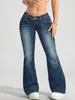 Jeans Feminino Estilo Americano de Cintura Baixa com Barra Levemente Flare, Tendência Outono Versátil Novo Emagrecedor Jeans Azul Lavado Stretch Calça de Perna Larga