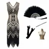 S-4XL Vestido de Fiesta de Noche Retro Gatsby de los Años 1920 Europeo y Americano Vestido de Lentejuelas y Flecos con Doble Escote en V