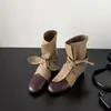 Botas de vaquero western de estilo retro con punta redonda, patchwork, cordones y lazo para mujer, nueva colección otoño 2026, con diseño interior para aumentar la altura para un efecto adelgazante, botines