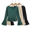6215-26 Primavera Estilo Coreano Estilo Puro Desejo Renda Costurada Mangas Flare Decote V Cintura Marcada Manga Longa Pulôver Camiseta